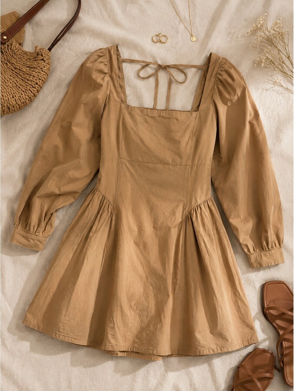 Anthropologie Tan Cotton Poplin Square Neck Long Puff Sleeve Mini Dress M